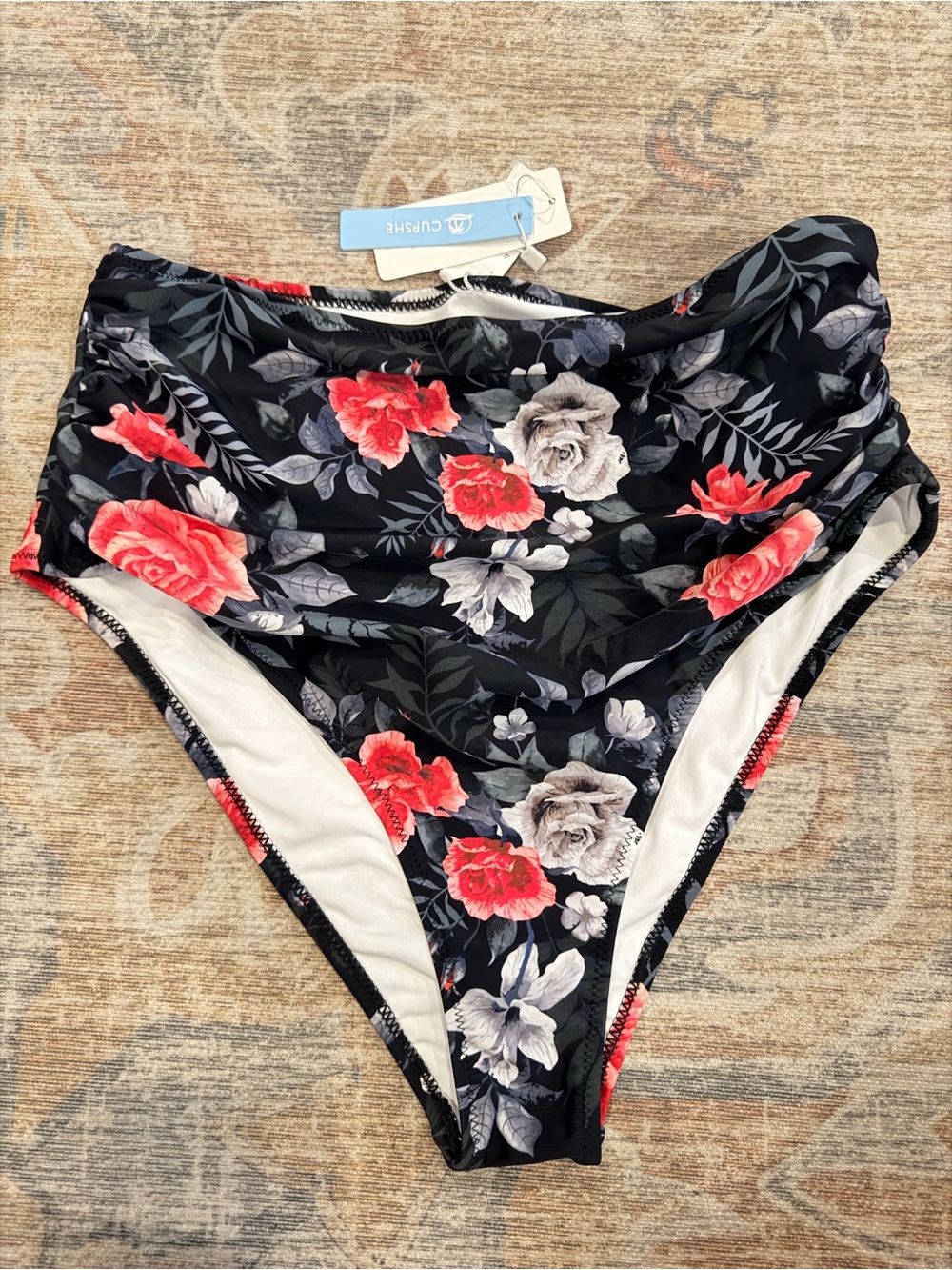 Cupshe Black High-Waist Floral Bikini Bottoms with Red Accents